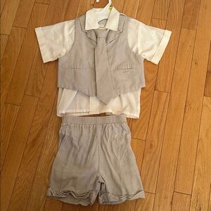 Little Boy Linen Vest & Shorts Set with Tie - Light Beige